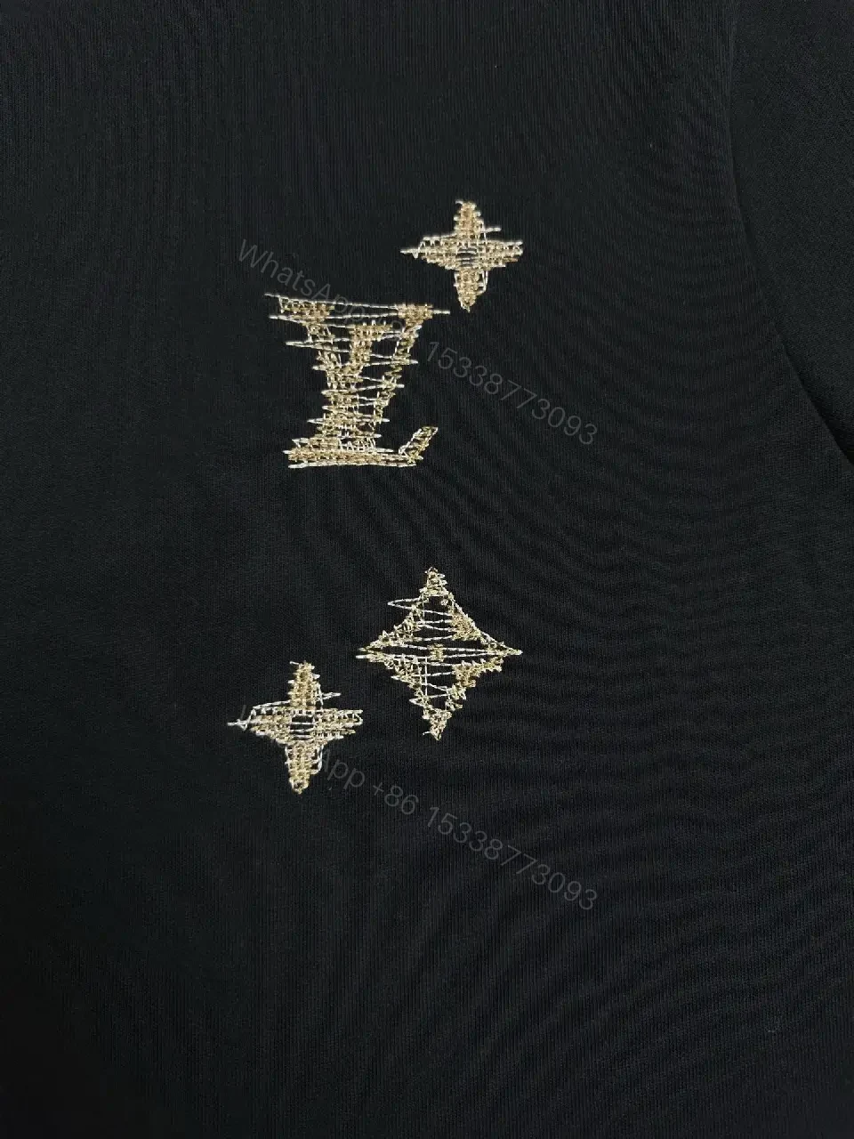 View 6 of Black Cotton Tee with Gold Embroidered Louis Vuitton Motif Tee