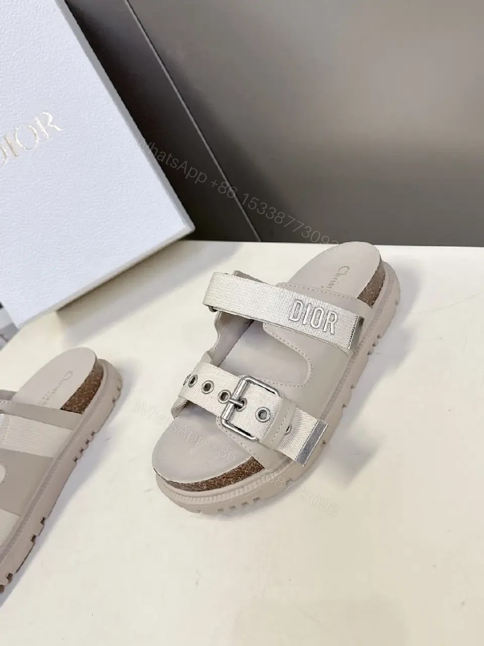 View 3 of Cream Leather Sandals, Metallic Buckle, Dior Style, Cork-Insole Comfort, Sandals