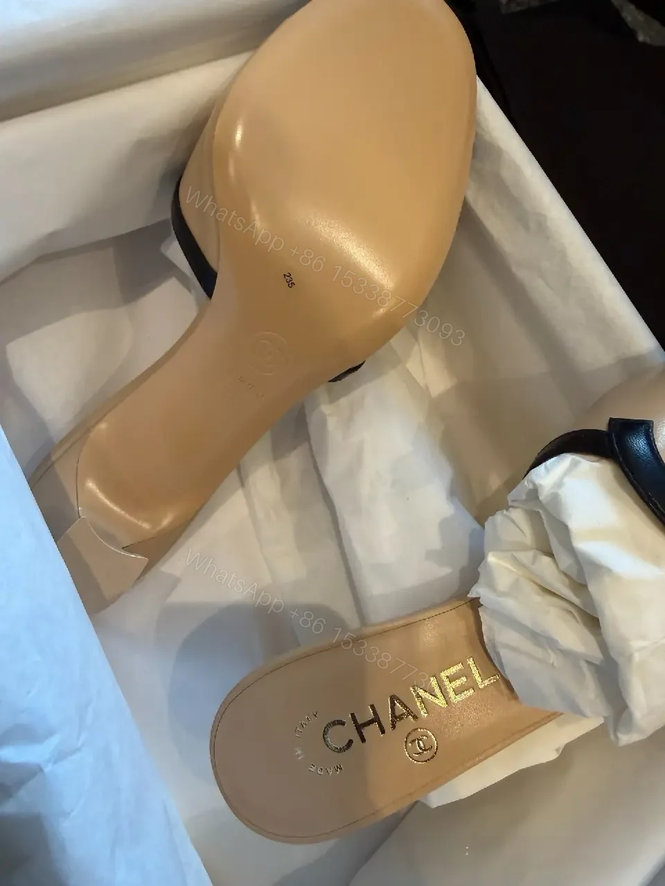 View 6 of Beige Leather Slide Signature Chanel Logo Sandals