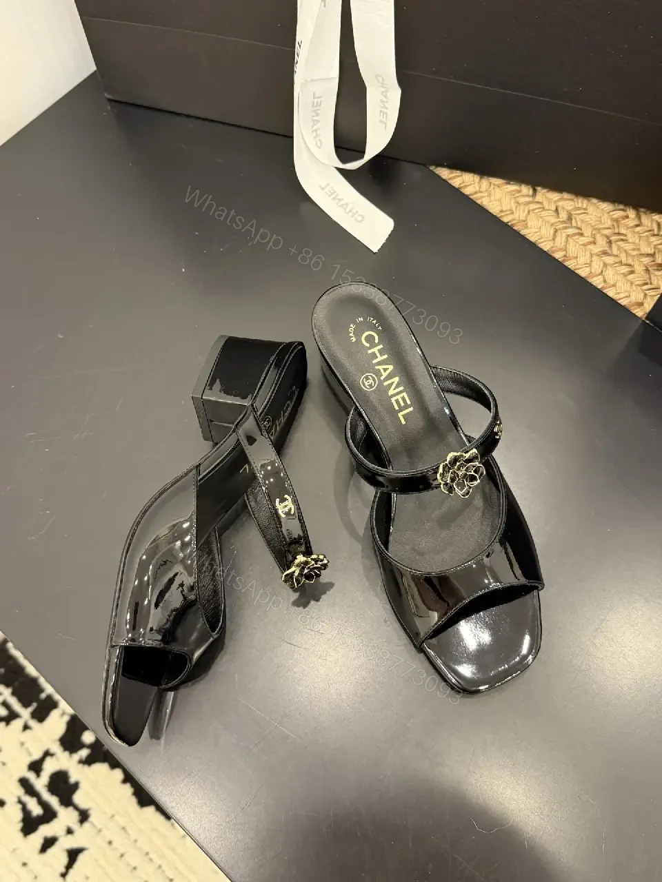 View 9 of Glossy Satin Mules with Crystal Rose Accent - Open-Toe, Low Heel