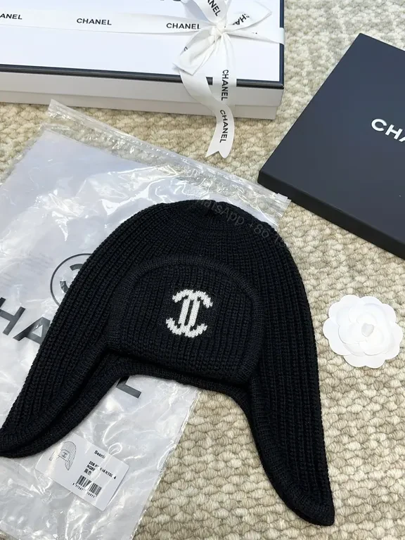 View 8 of Chanel-Inspired Knit Ear Warmer Cap with Logo Patch