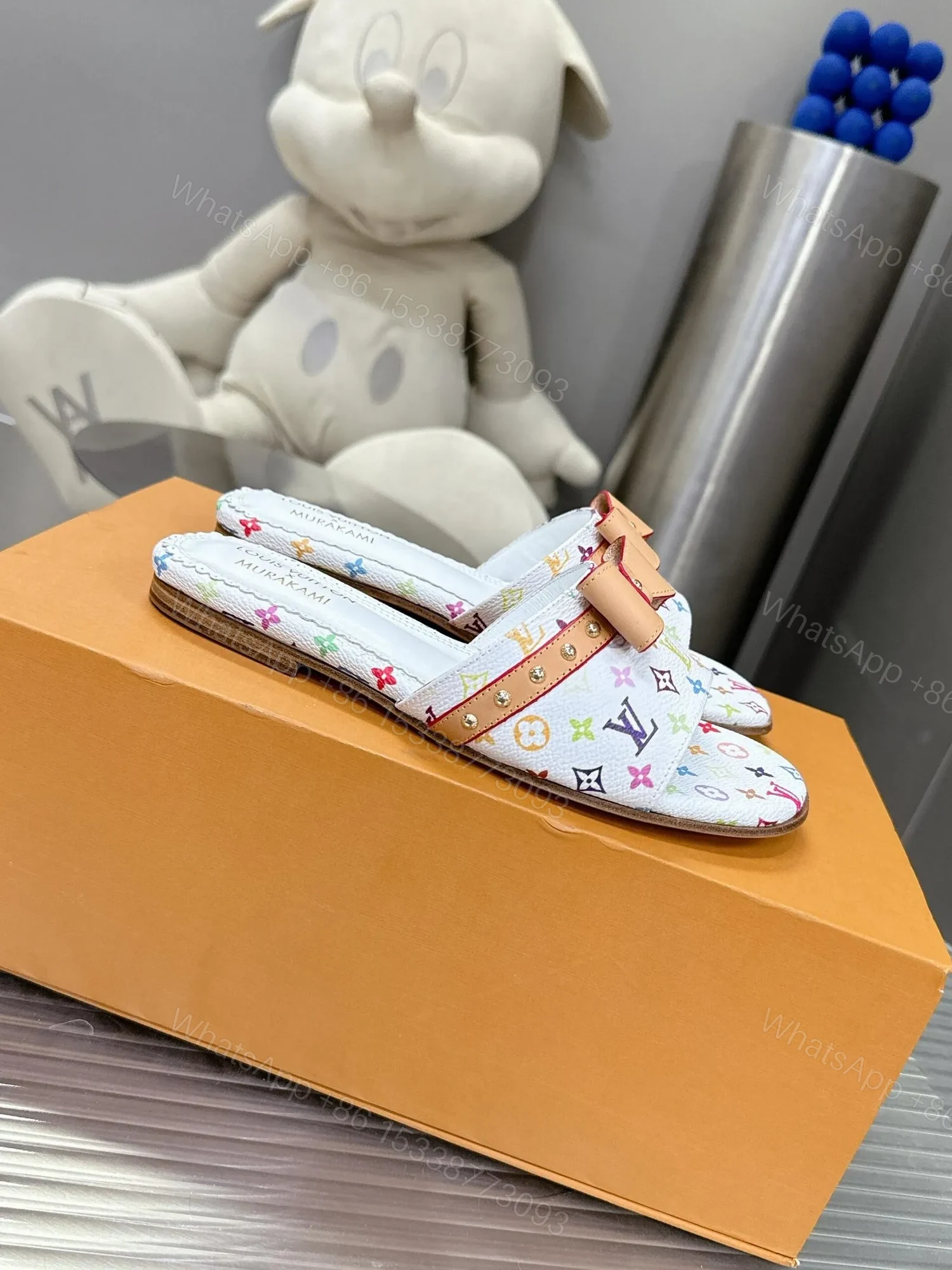 View 3 of LV Women White Leather Multicolor Monogram Mules