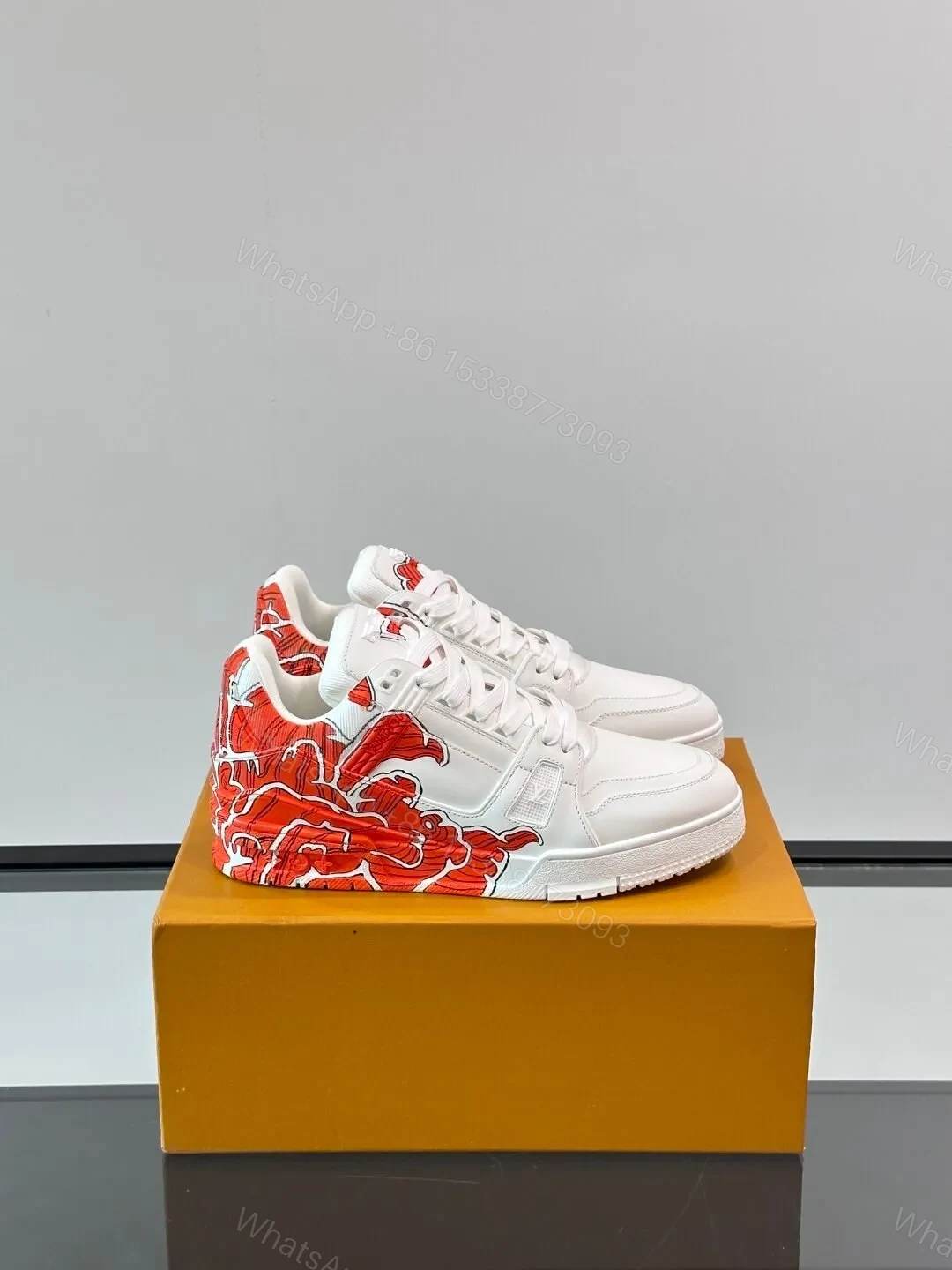LV Men White Leather Sneakers With Red Floral Design — view 1