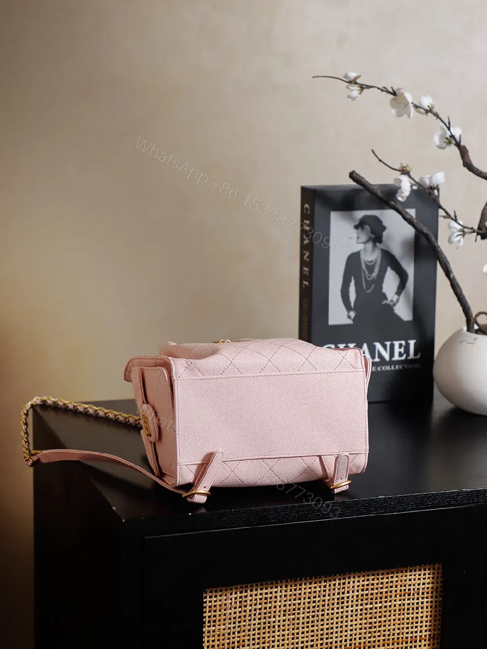 View 8 of Soft Pink Quilted Bucket Bag with Gold Charm, Faux-Leather Bag