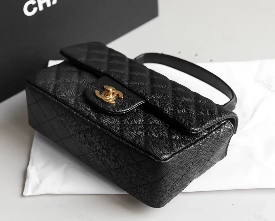 View 2 of Black Quilted Calfskin Mini Flap Bag with Gold Chain Accent (Chanel-Inspired)