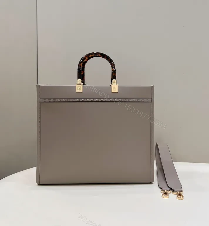 View 8 of Taupe Structured Tote with Fendi Flair â€” Crystal Logo Carryall