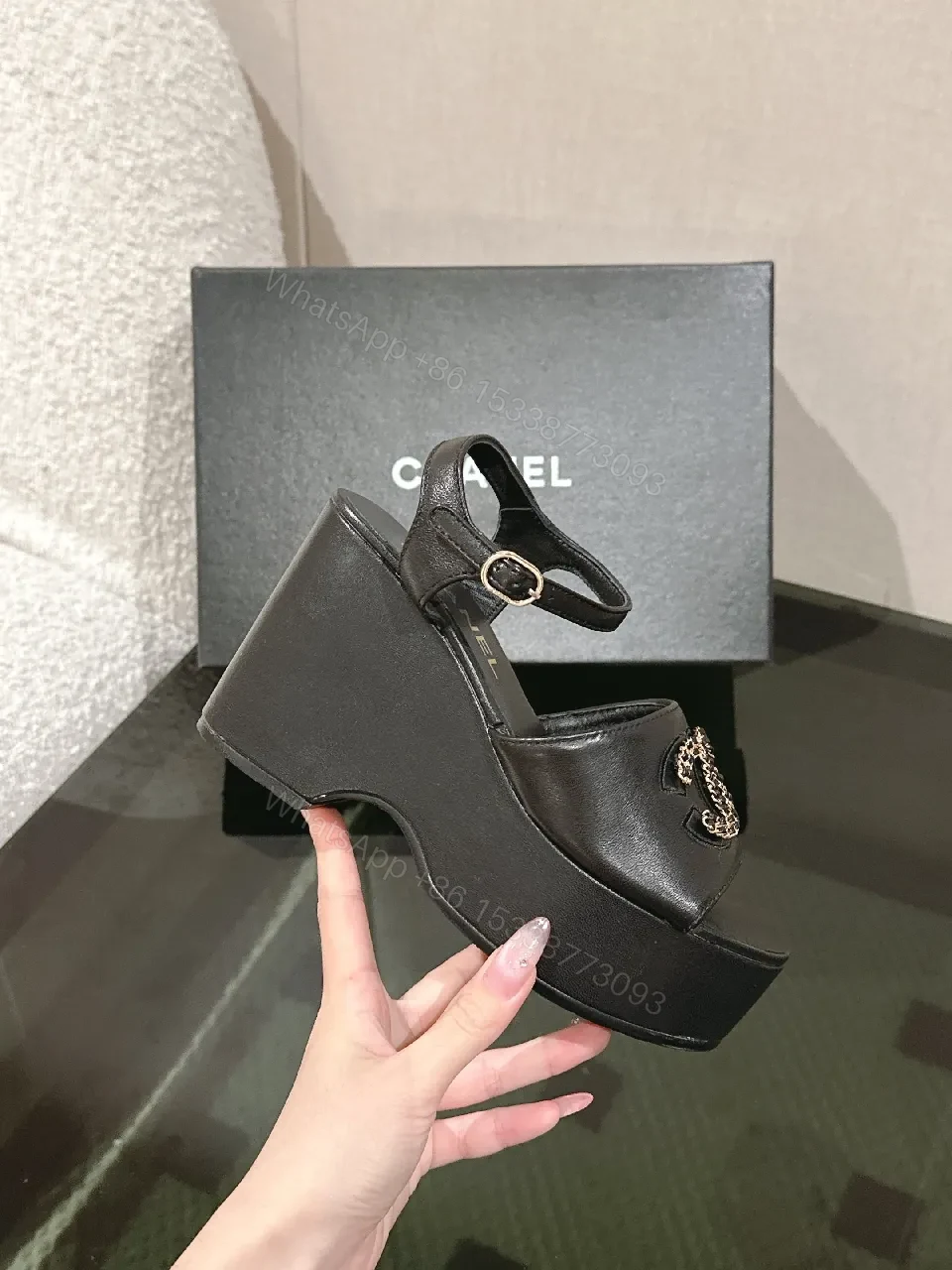 View 5 of Black Leather Block Heel Sandals with Logo Charm, Open Toe, Ankle Strap