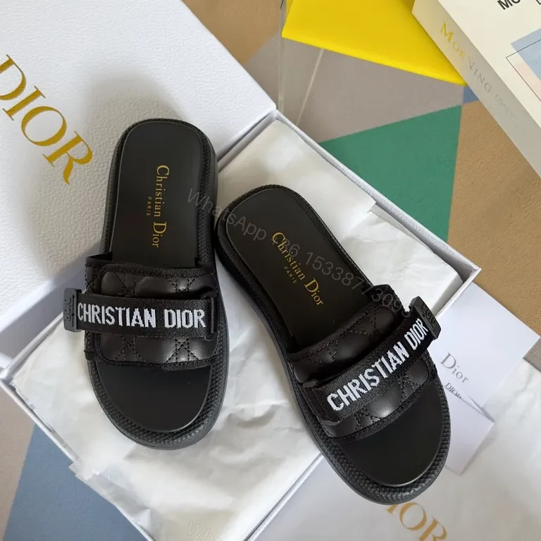 View 3 of Black Imitation Dior Slide - Quilted Straps, Comfortable Key Feature Slides