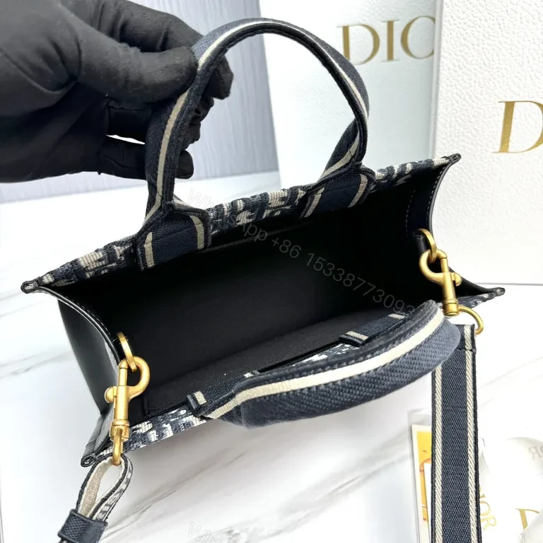 View 4 of Chic Canvas Dior-Style Mini Tote with Bold Stripes