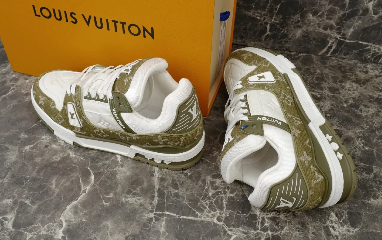 View 9 of Beige Leather High-Top Sneaker with LV Motif and Strap