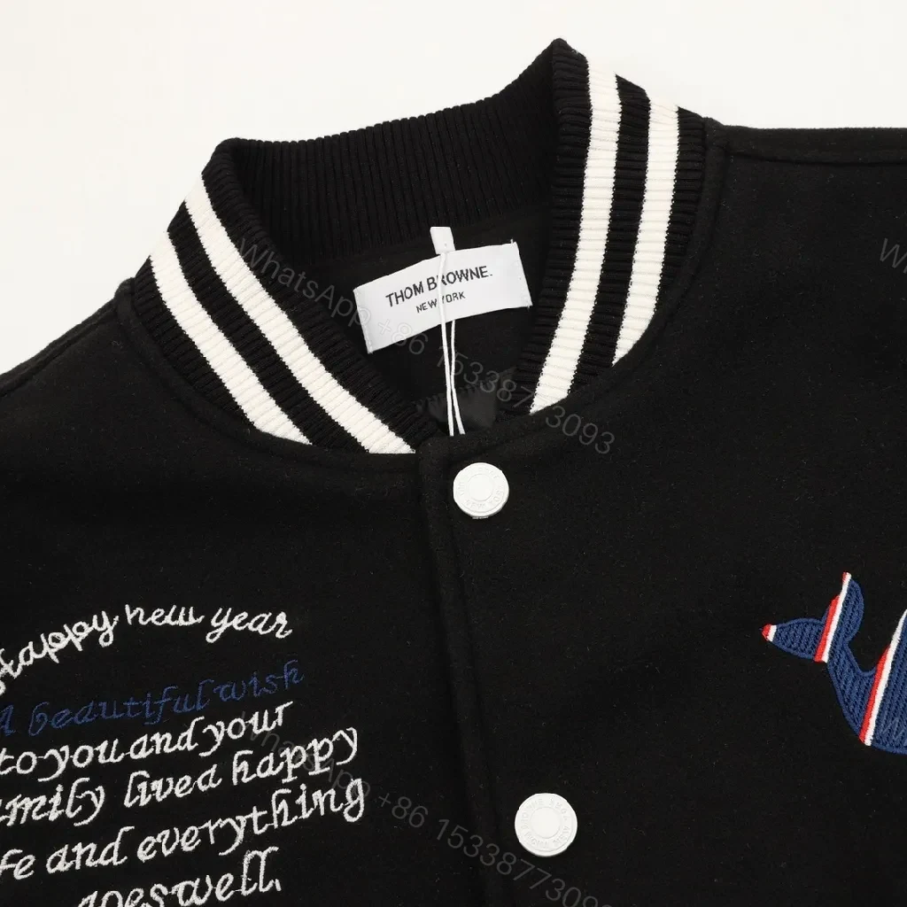 View 8 of Bold Black & Off-White Varsity Jacket with Embroidered Graffiti Details