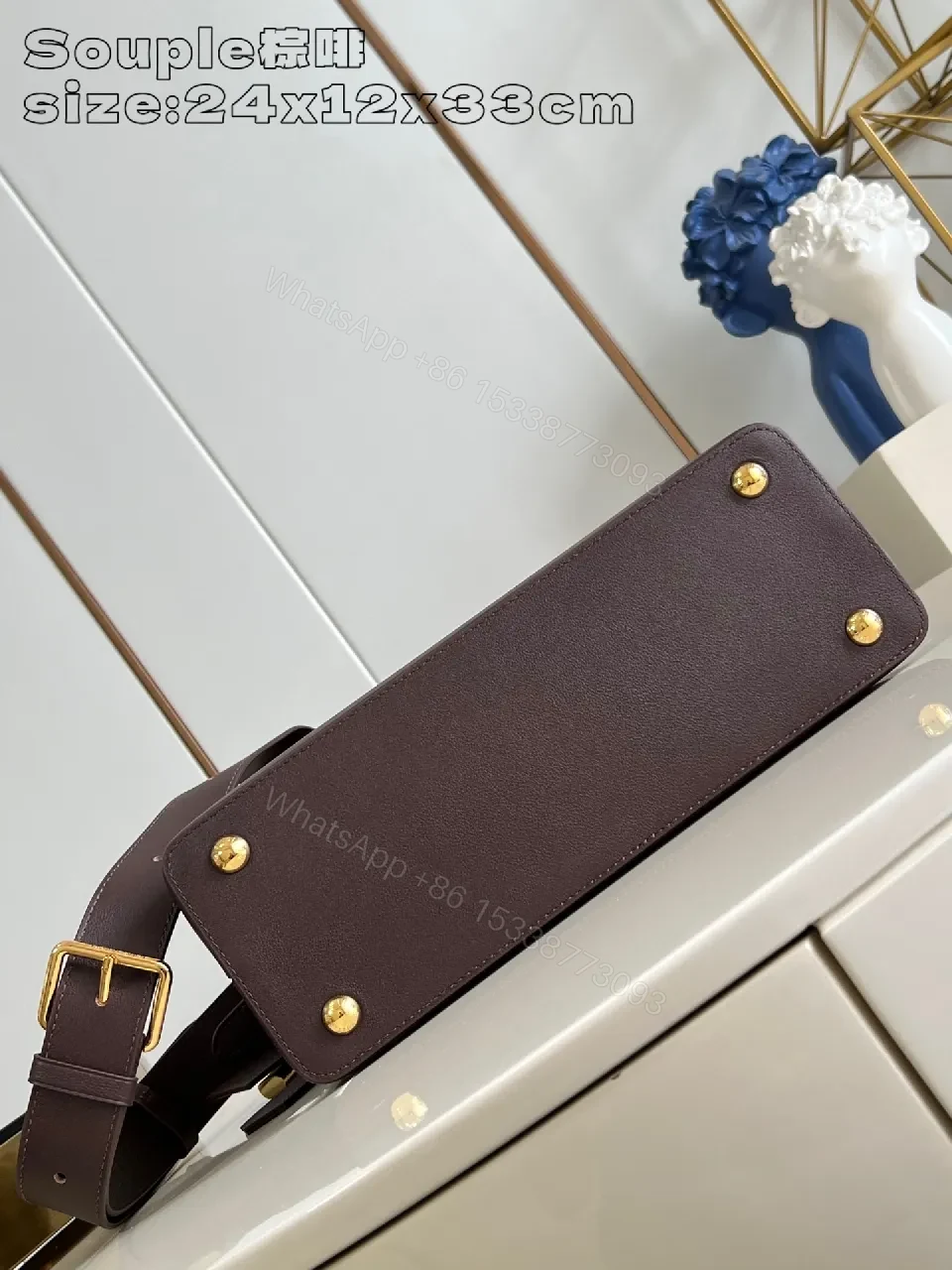 View 2 of Brown Leather Structured Handbag | Gold Hardware, Top-Handle, Crossbody Light