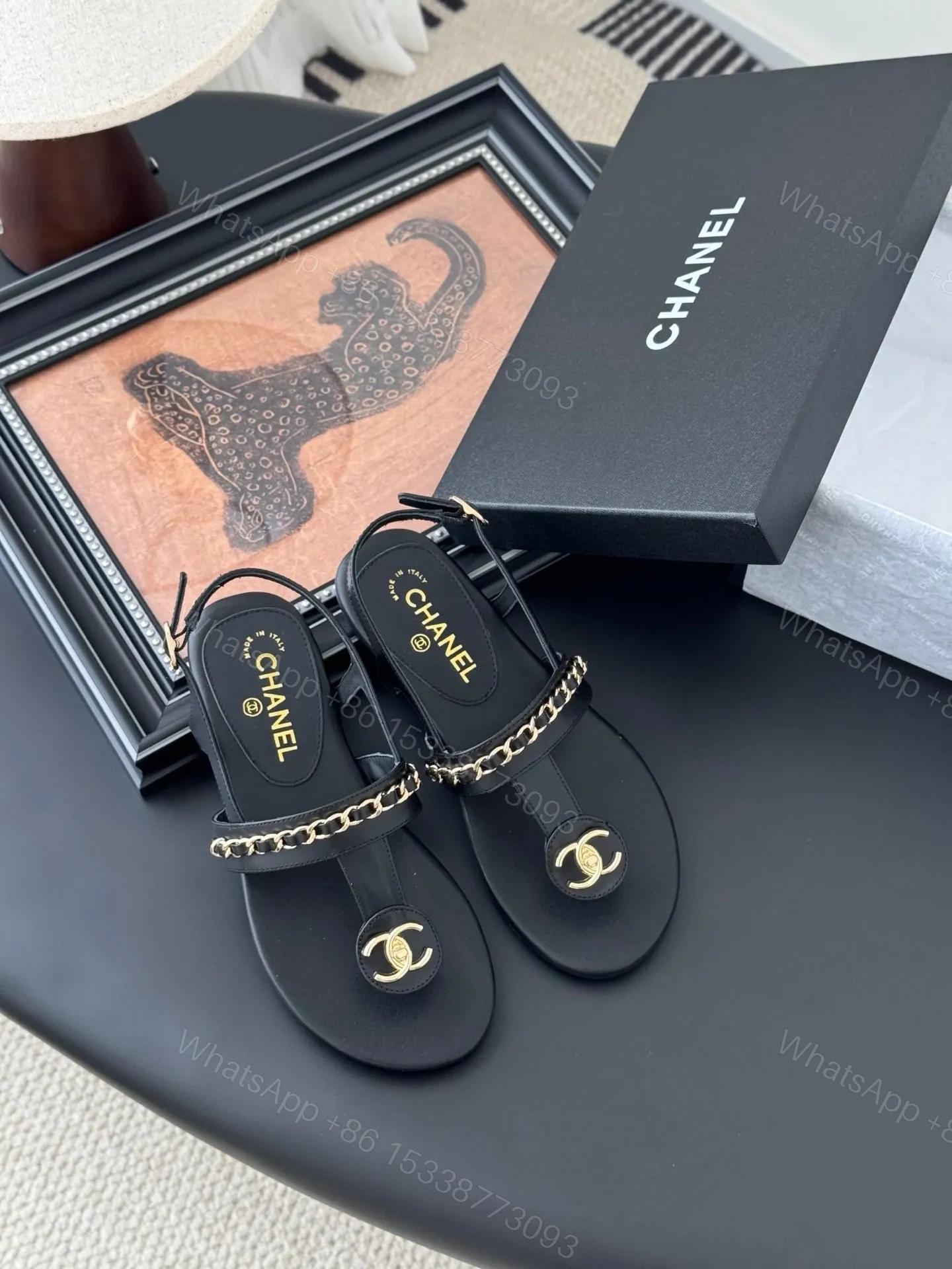 View 6 of Chanel Women Black Leather Chain Detail Sandals