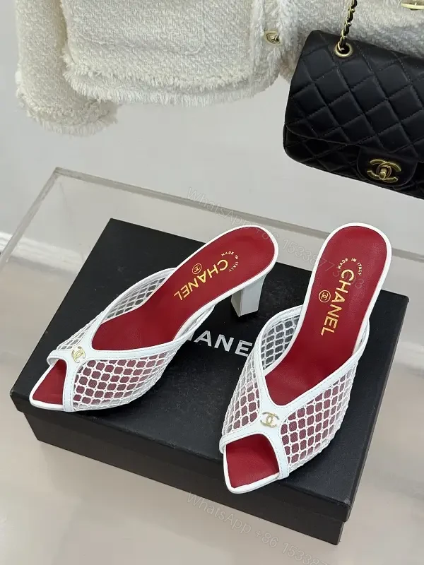 White Mesh Leather Mule Heeled Slide Sandals — view 1