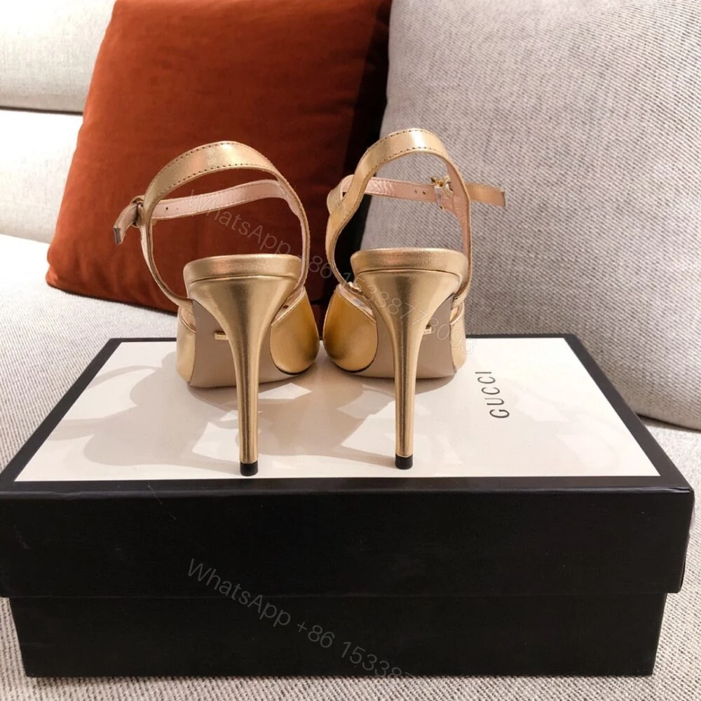 View 4 of Gucci Ankle Buckle Strap Sylvie Chain Sandals In Gold