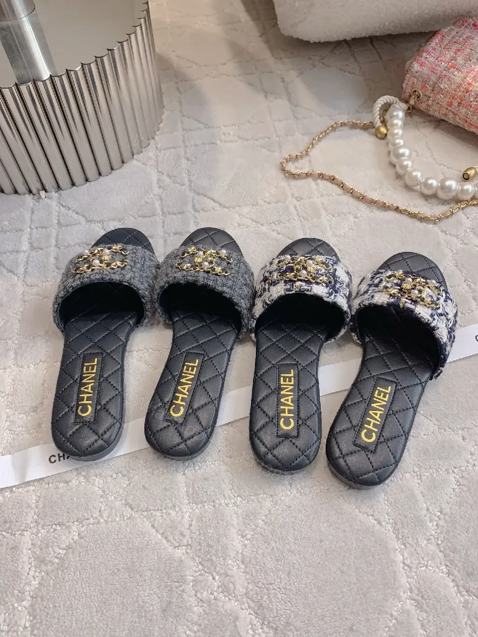 View 4 of Textured Tweed Slide Sandals with Interlock Detail