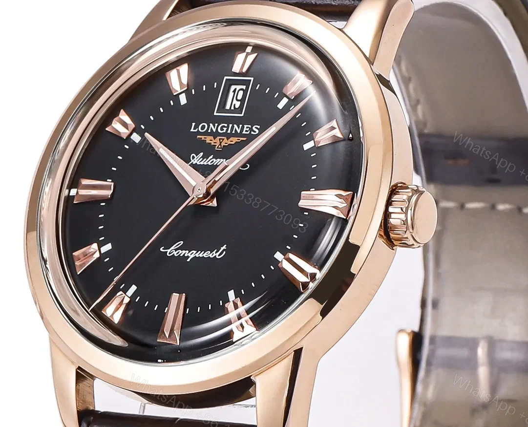 View 4 of Longines Conquest Classic Re Edition Cyclops Watch Rose Gold with Black Dial and Brown Leather Strap