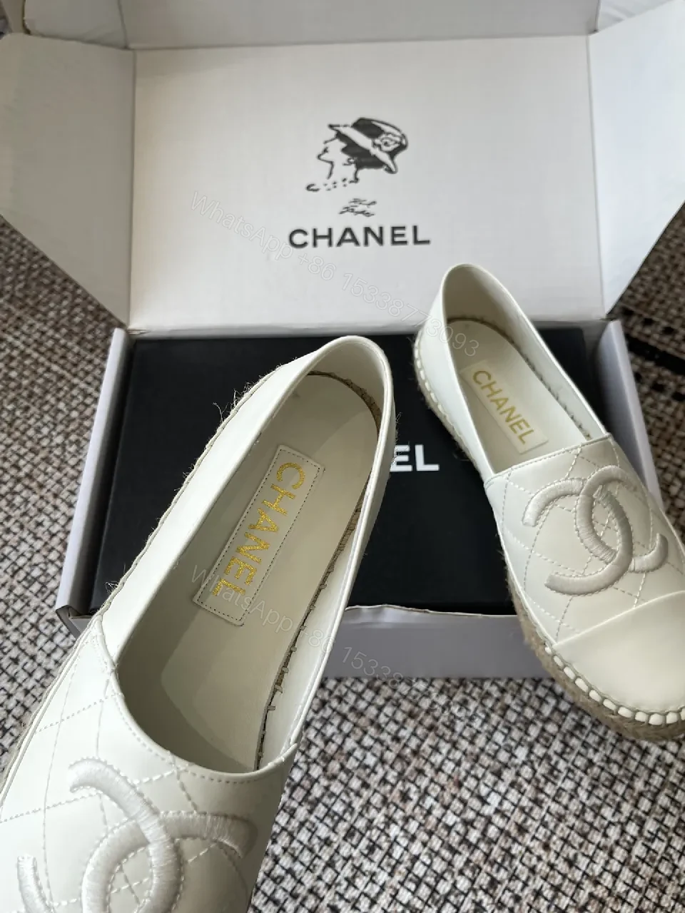 View 9 of Textured White Espadrille Loafers: Quilted Leather & Jute Sole