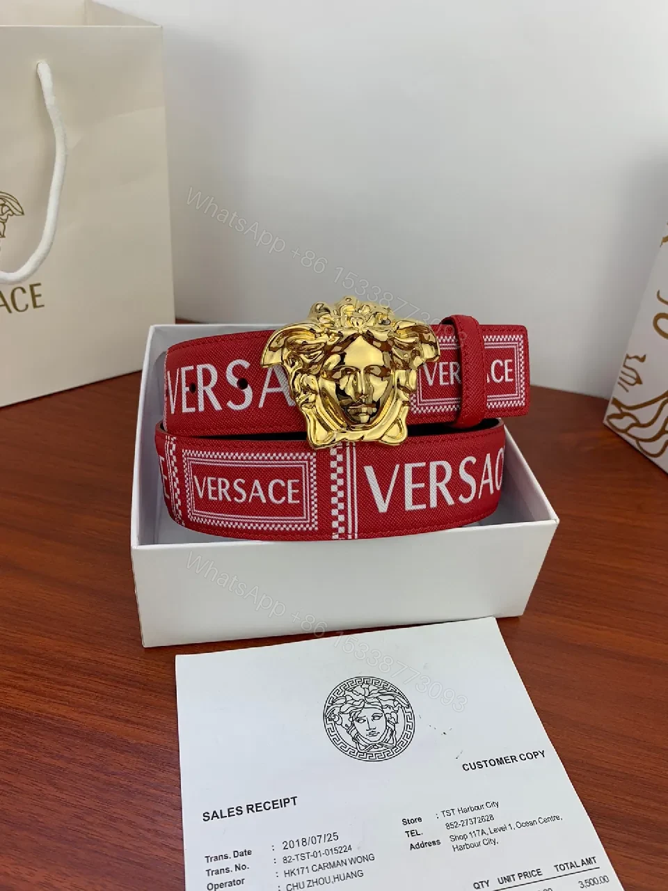View 6 of Red Leather Belt with Gold Medusa Buckle, Luxe Versatile Accessory