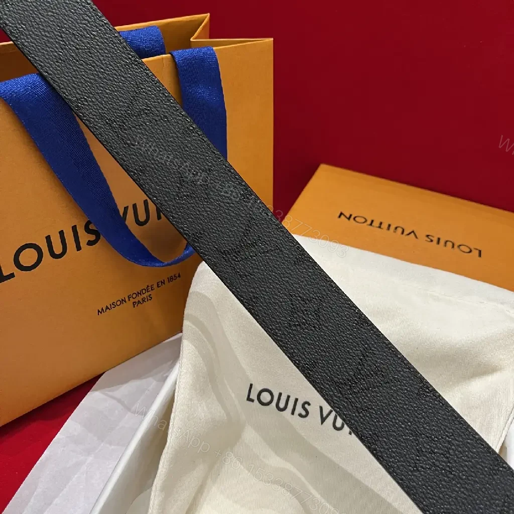 View 5 of Black Leather Belt with Bold Gunmetal LV Buckle Set