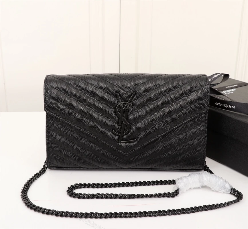 View 2 of Saint Laurent Cassandre Matelassé Chain Wallet In Grain De Poudre Embossed Black Noir 22Cm