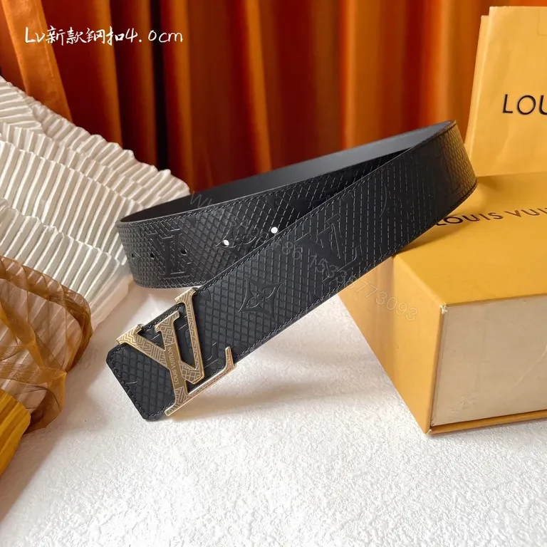 View 4 of Refined Black Textured Leather Belt with Gold LV Buckle