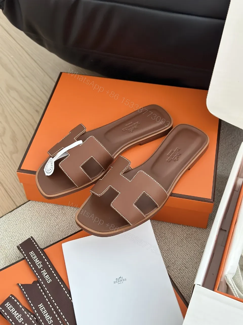 View 9 of Brown Leather Sandals with H-Strap Comfort