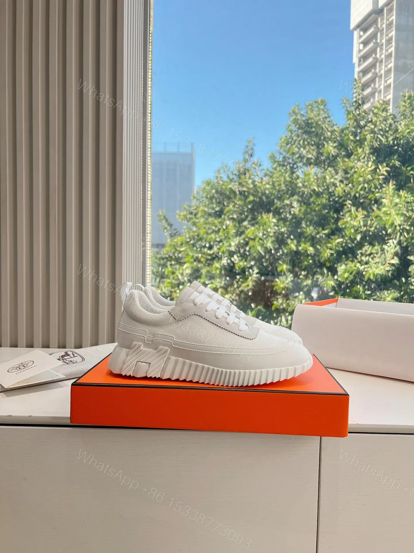 View 6 of Hermes Women White Mesh And Leather Sneakers