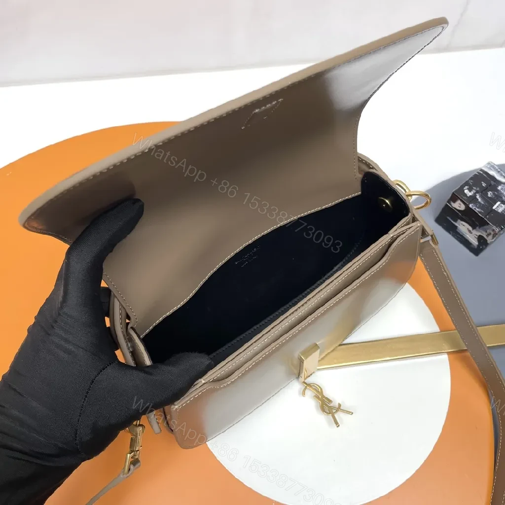 View 9 of Taupe Leather Saddle Bag with Subtle Designer Hardware