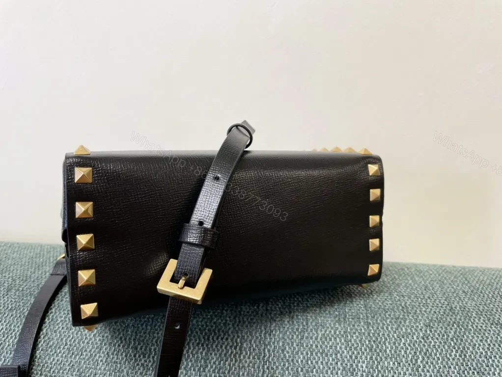 View 3 of Bold Black Leather Handbag with Gold Studs - Valentino Style Bag