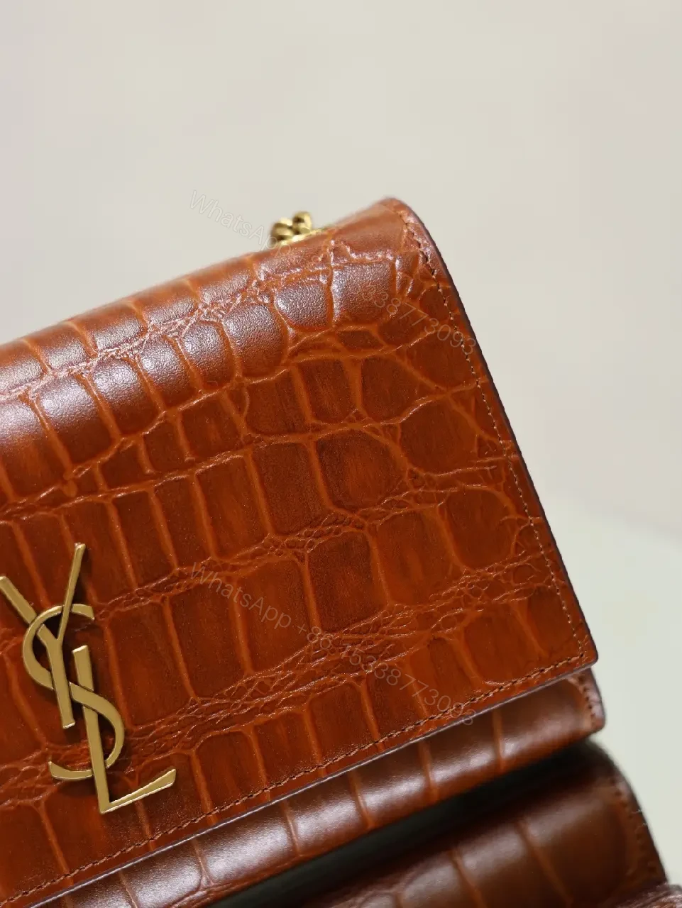 View 6 of Brown Crocodile-Embossed Leather Clutch with Gold Logo Clasp