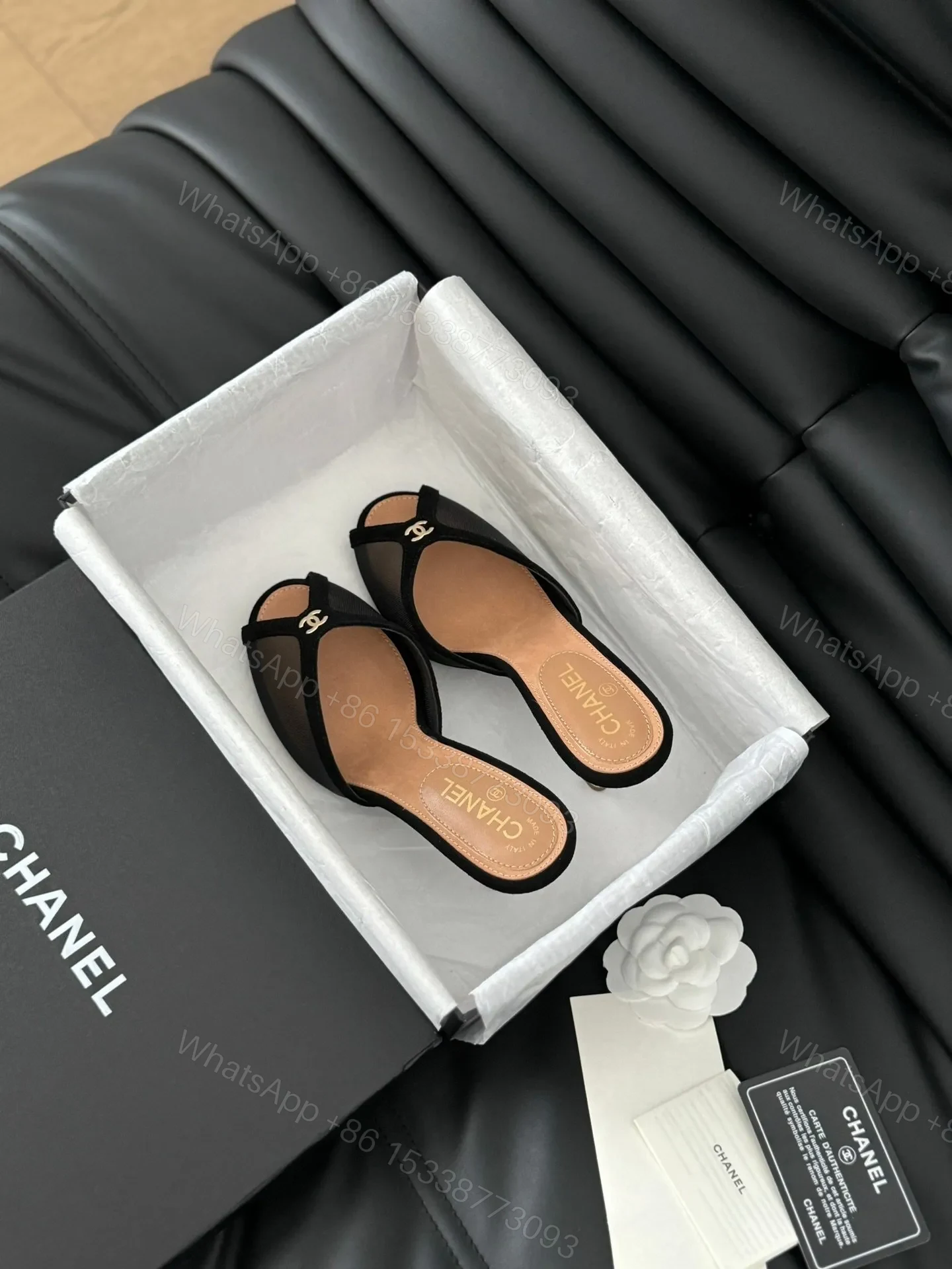 Chanel Women Black Mesh Logo Slide Sandals — view 1