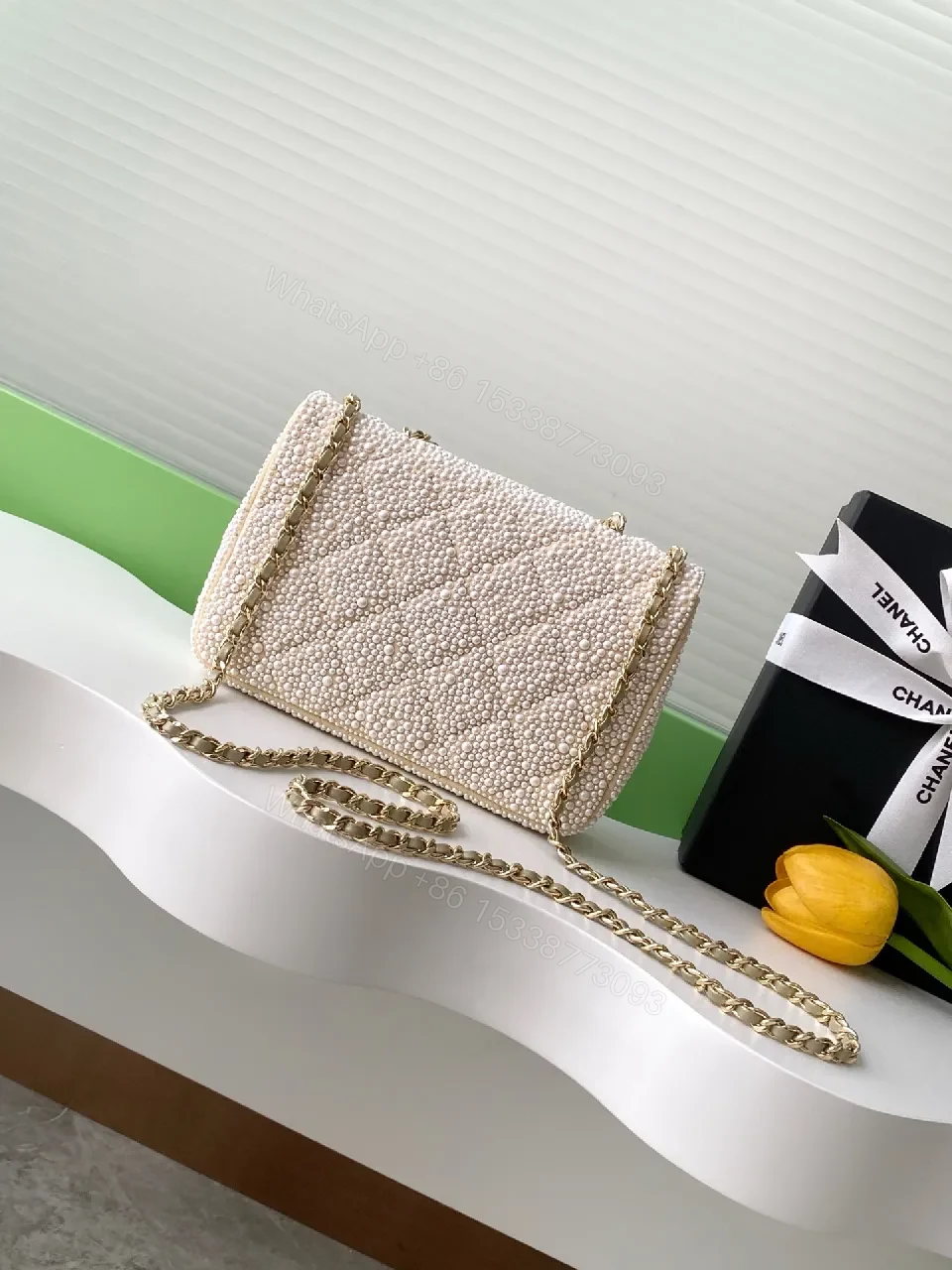 View 8 of Pearl-Embellished Flap Bag: Lux Metallic Couture Style Bag