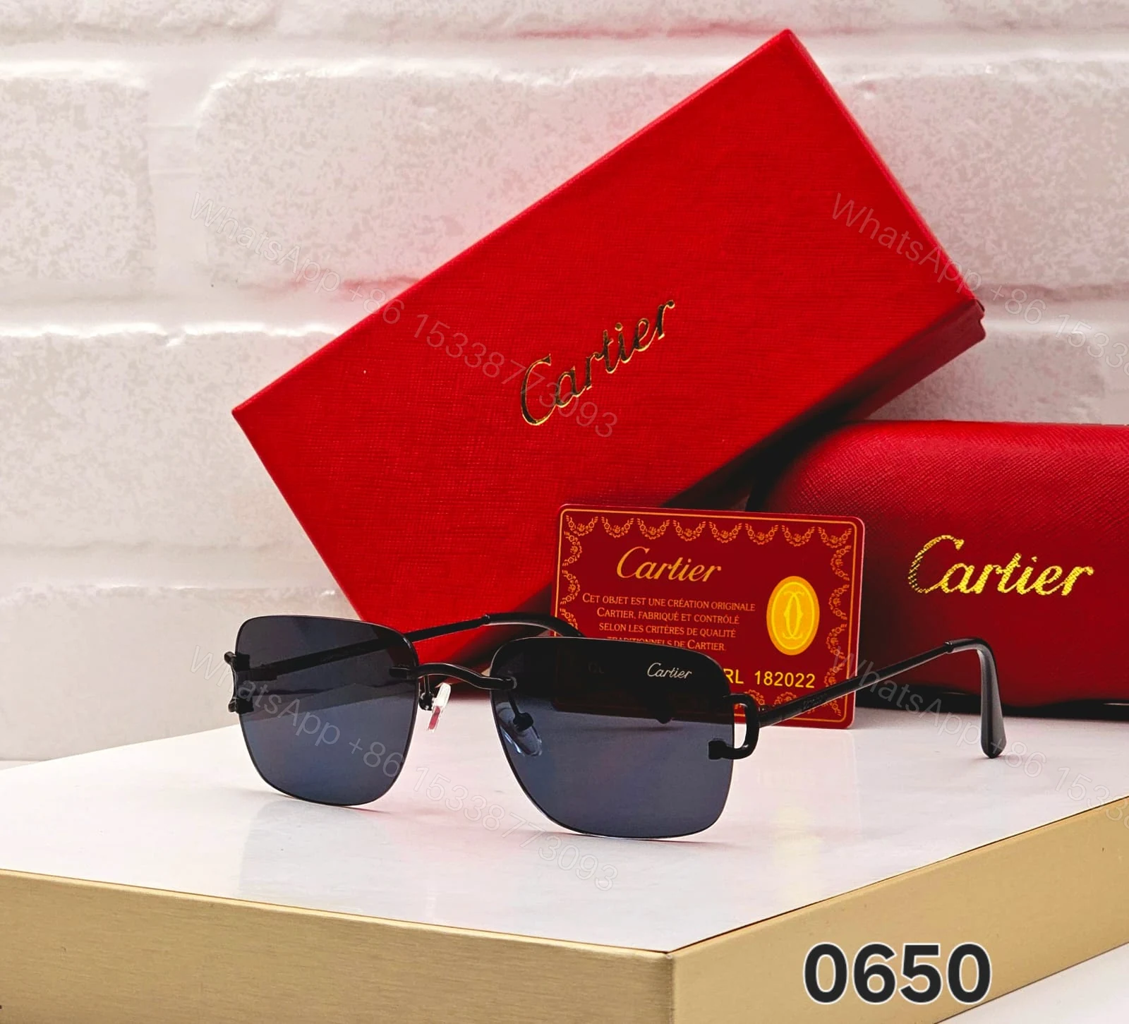 View 5 of Cartier 0650 Rectangular Rimless Sunglasses Black & Gold