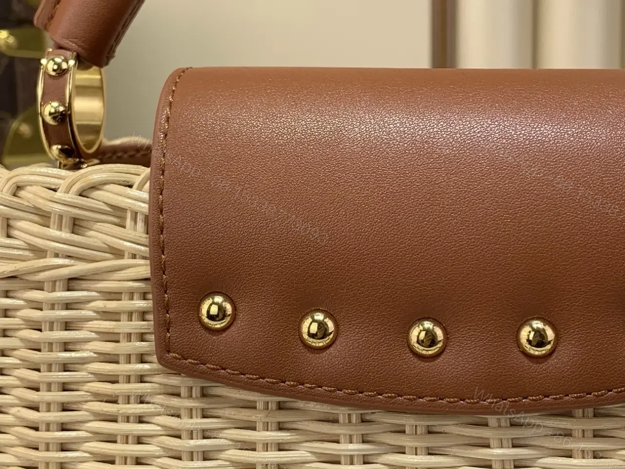 View 3 of Light Beige Straw Tote Bag with Leather Handles & Gold LV Charm