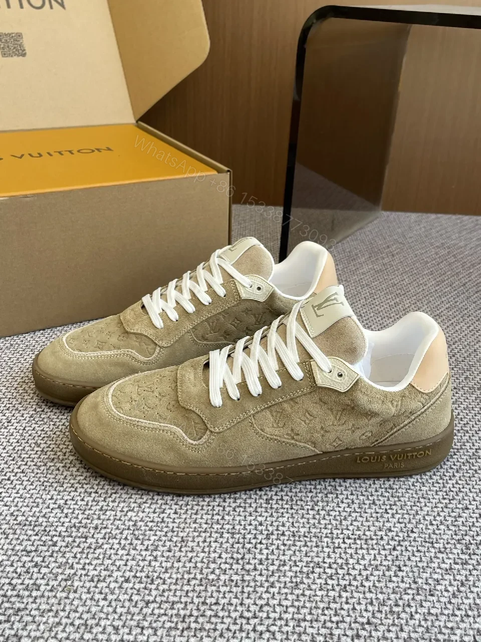 View 9 of Beige Suede Low-Top Sneakers with Luxe Accents