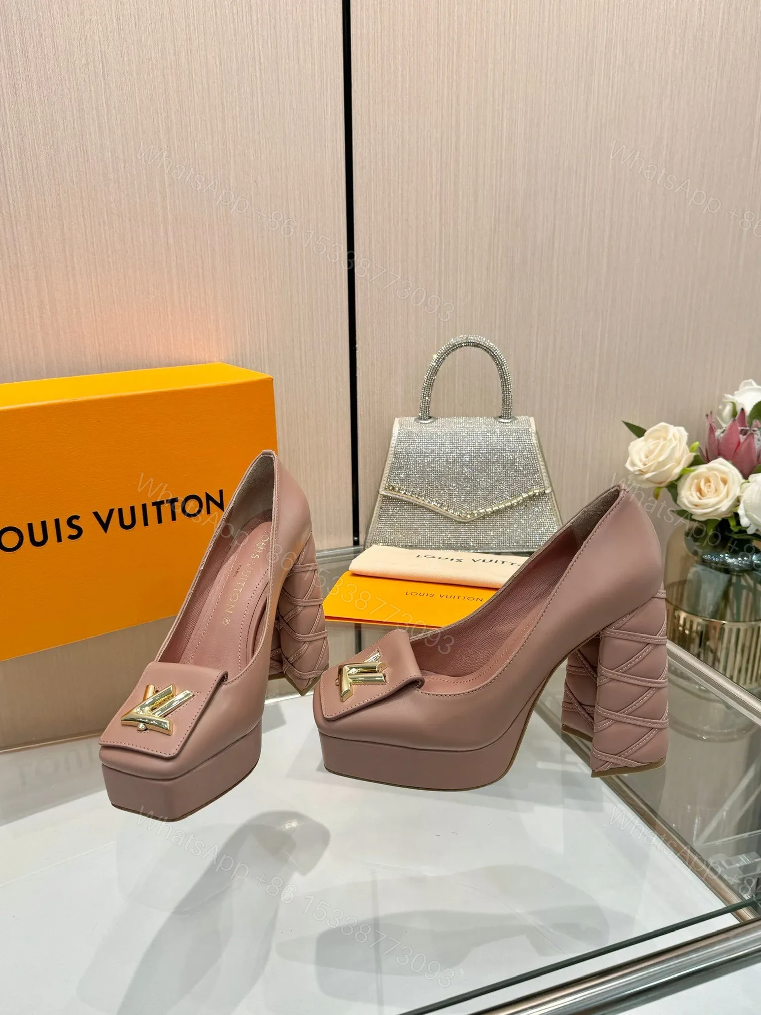 View 3 of LV Women Pink Leather Quilted Block Heels