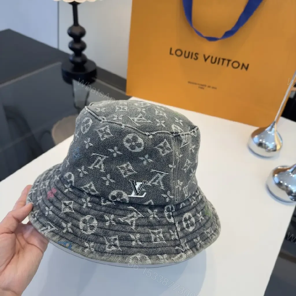 View 6 of Grey Denim-Feel Bucket Hat Monogram Detail, Unisex Style