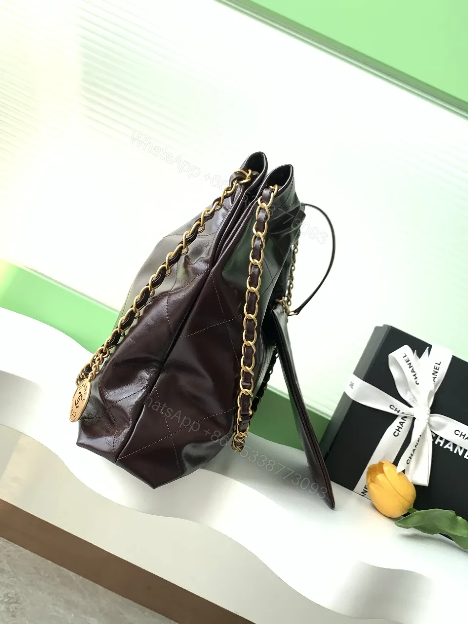 View 9 of Quilted Leather Tote with Gold Chain—Chic Lux Tote