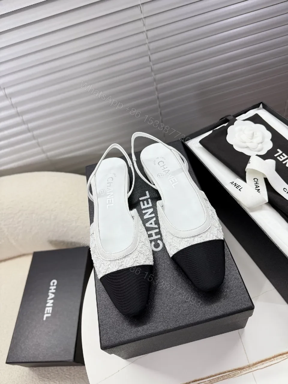 View 3 of Textured Knit Slingback Flats - Classic Black & White, Knit Accent, Flat Shoes