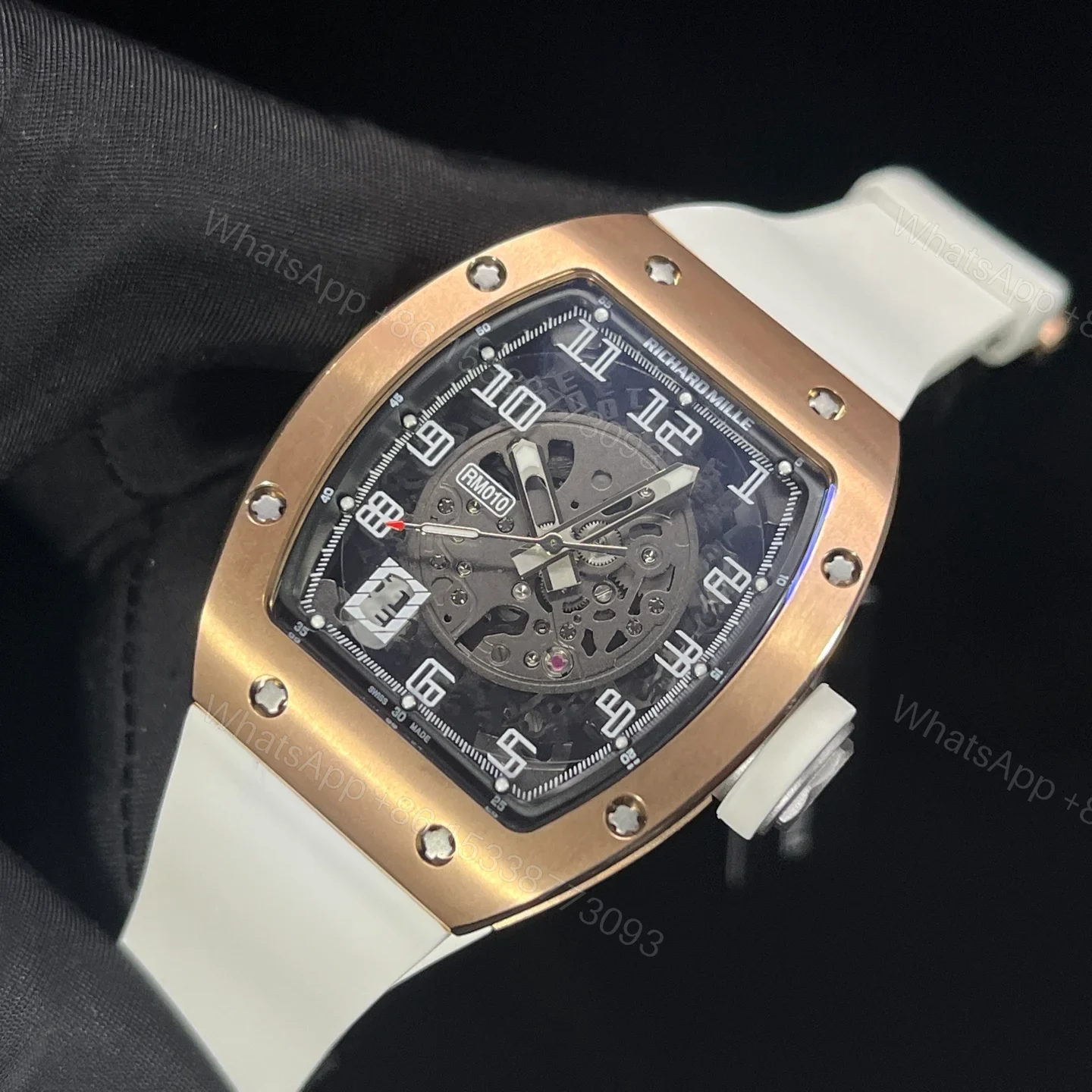 View 4 of Richard Mille RM010 Titanium Skeleton Automatic Gold Bezel White Strap Watch RM010-GW
