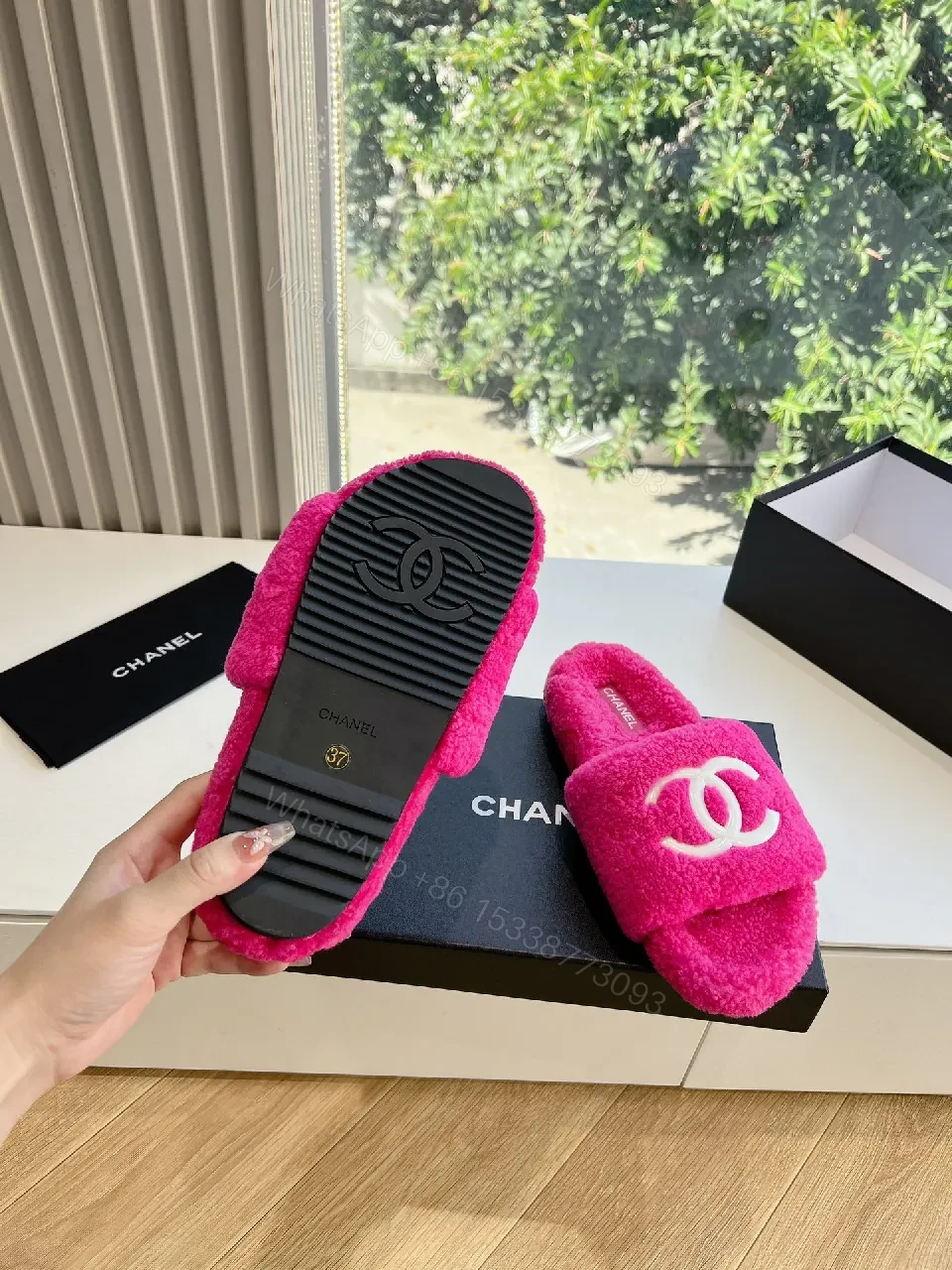 View 6 of Vibrant Plush Slides - Hot Pink, Plush, Open-Back Comfort