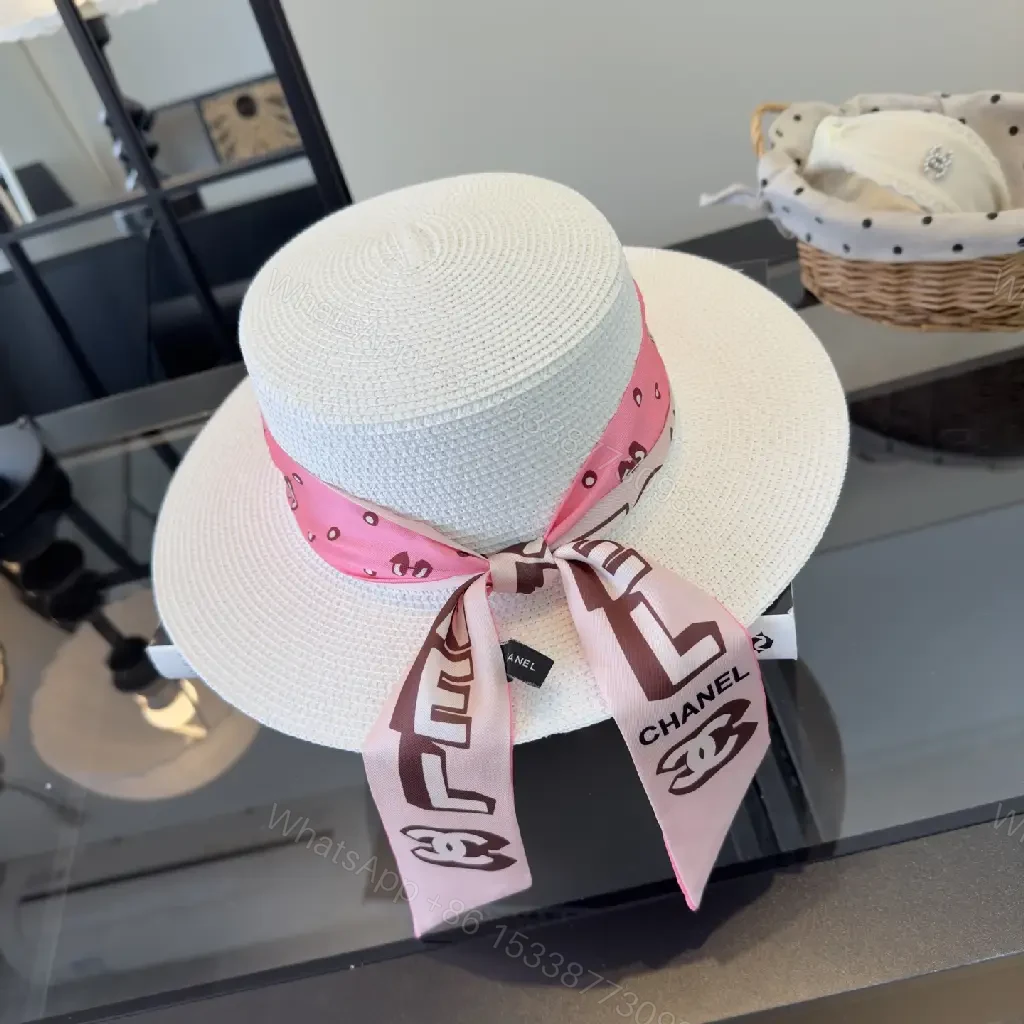 View 3 of White Silk Pink Scarf Band Straw Hat with Bow Chanel Logo