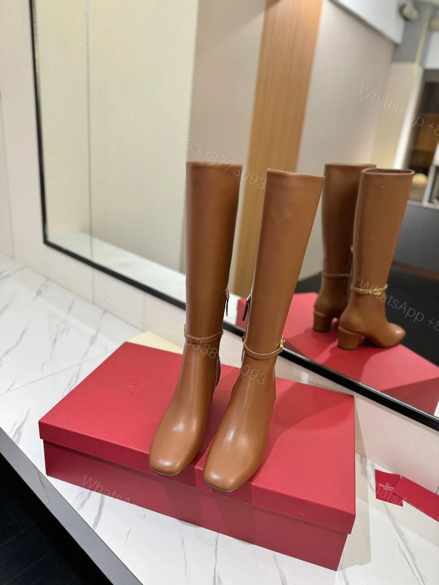 View 4 of Valentino Women Tan Leather Mid-Calf Boots