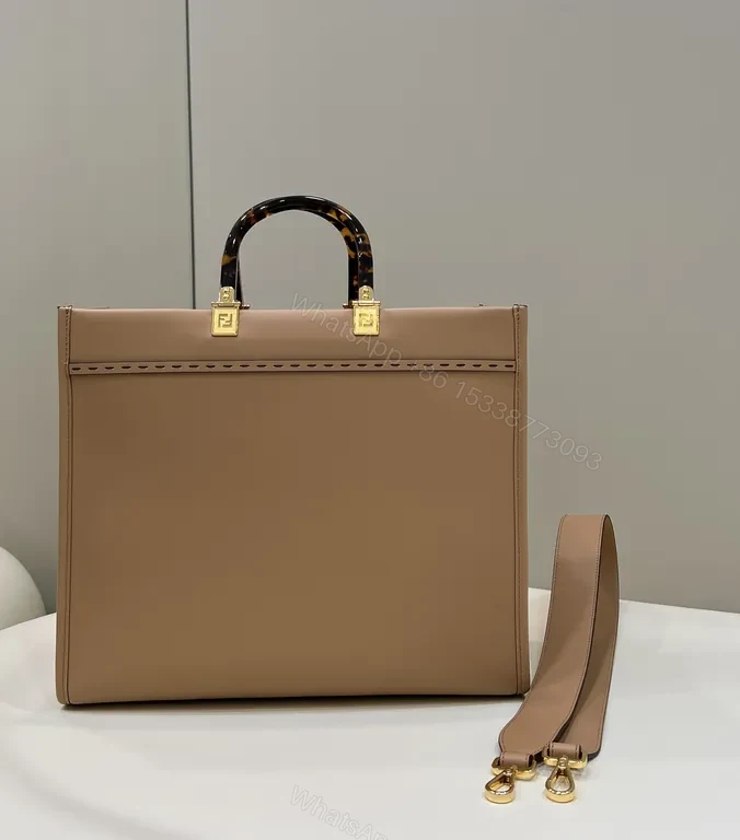View 6 of Structured Minimalist Tote: Tan Leather, Fendi-Inspired Hardware