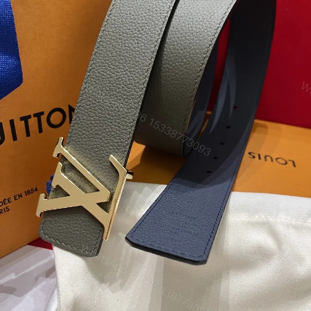 View 3 of Premium Leather Belt with Gold LV Buckle