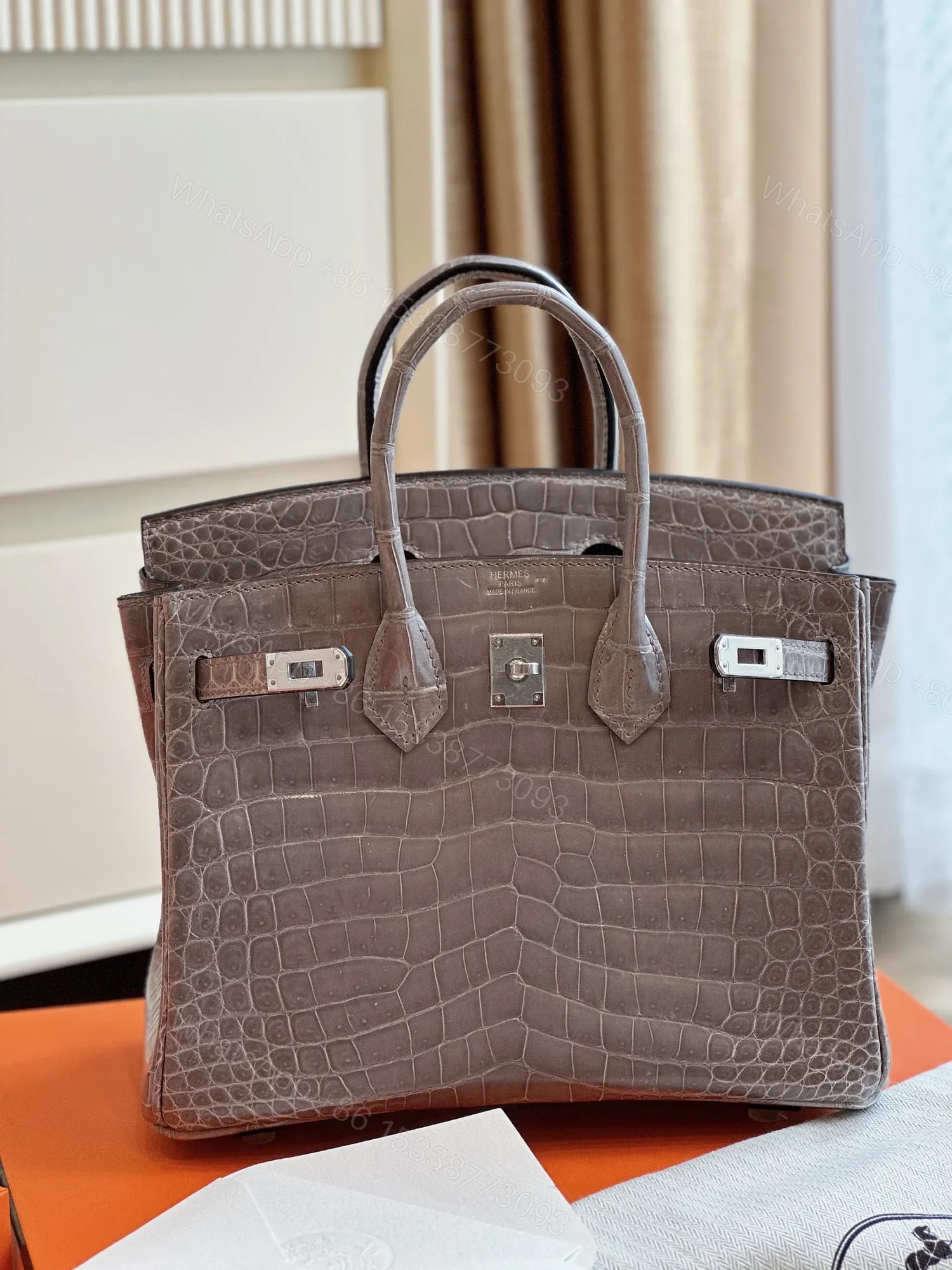 View 2 of HN Etoupe 25 Porosus Genuine Crocodile Leather Palladium Hardware