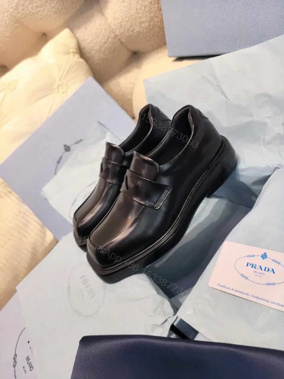 View 4 of Black Leather Prada Muffin-Style Loafers - Minimalist Square Toe