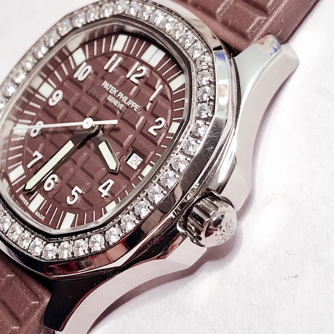 View 5 of Patek Philippe Aquanaut Series Rose Gold Mechanical Women’s Watch with Swarovski Crystals and Brown Rubber Strap