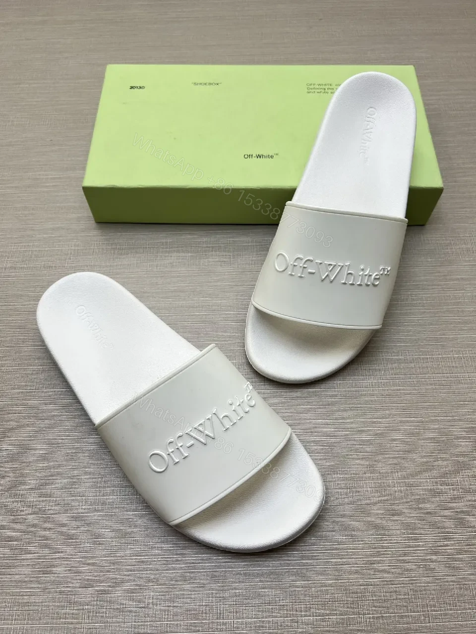 View 2 of White Leather-Feel Slides + Embossed Logo + Minimalist Luxury Sandals